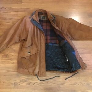 G III brown and green coat leather coat with plaid and satin lining.